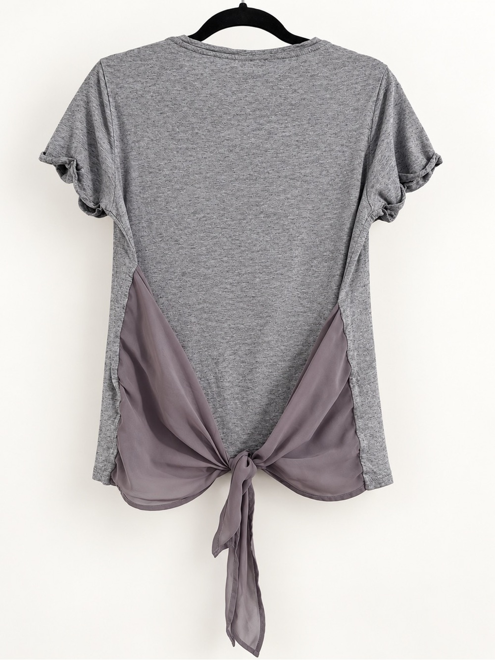 AllSaints Grey Short Sleeve Tie-Back Top with Mauve Sheer Panels